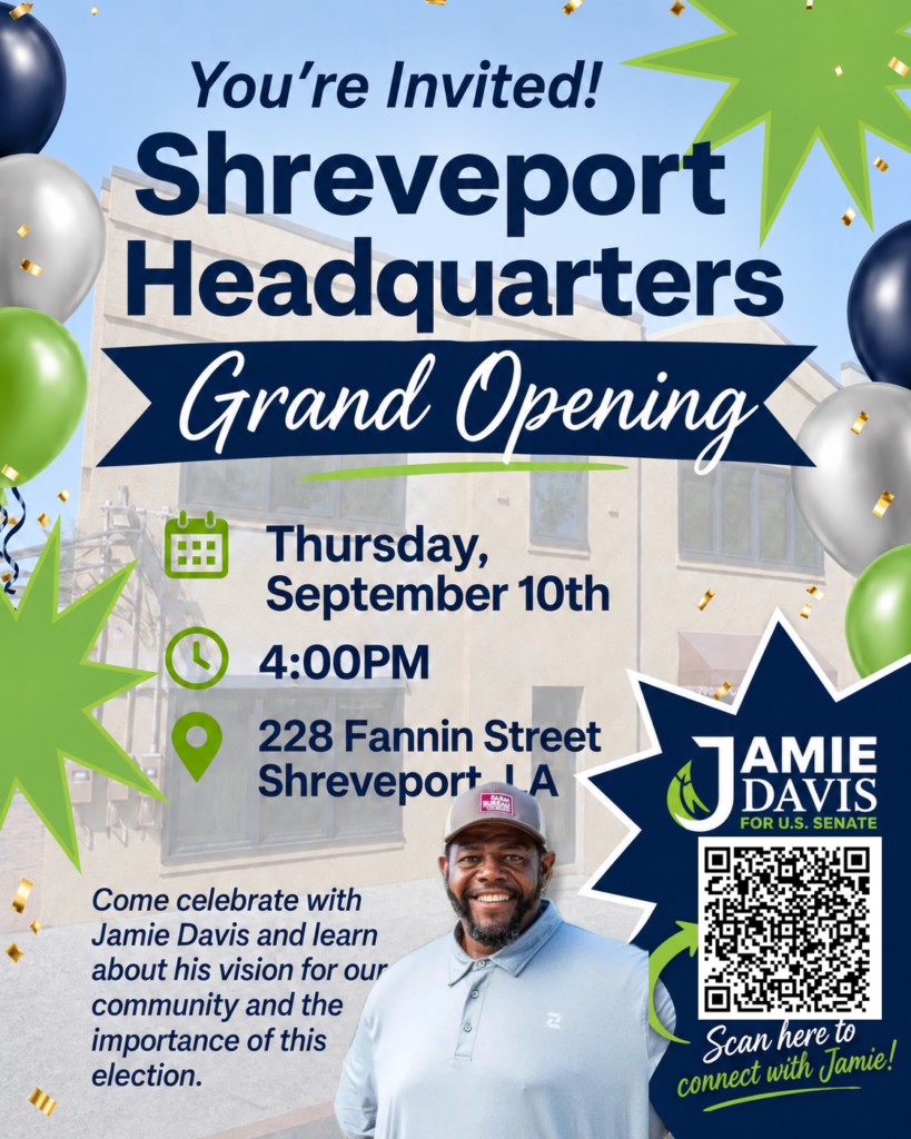 Flyer for the Shreveport Headquarters Grand Opening on Thursday, September 10, 2026 at 4:00 PM, 228 Fannin Street, Shreveport, Louisiana.